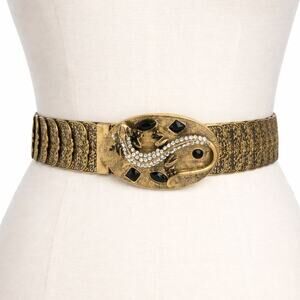 Ornate Gold-Tone Lizard Buckle Filigree Stretch Belt Rhinestone Y2K
